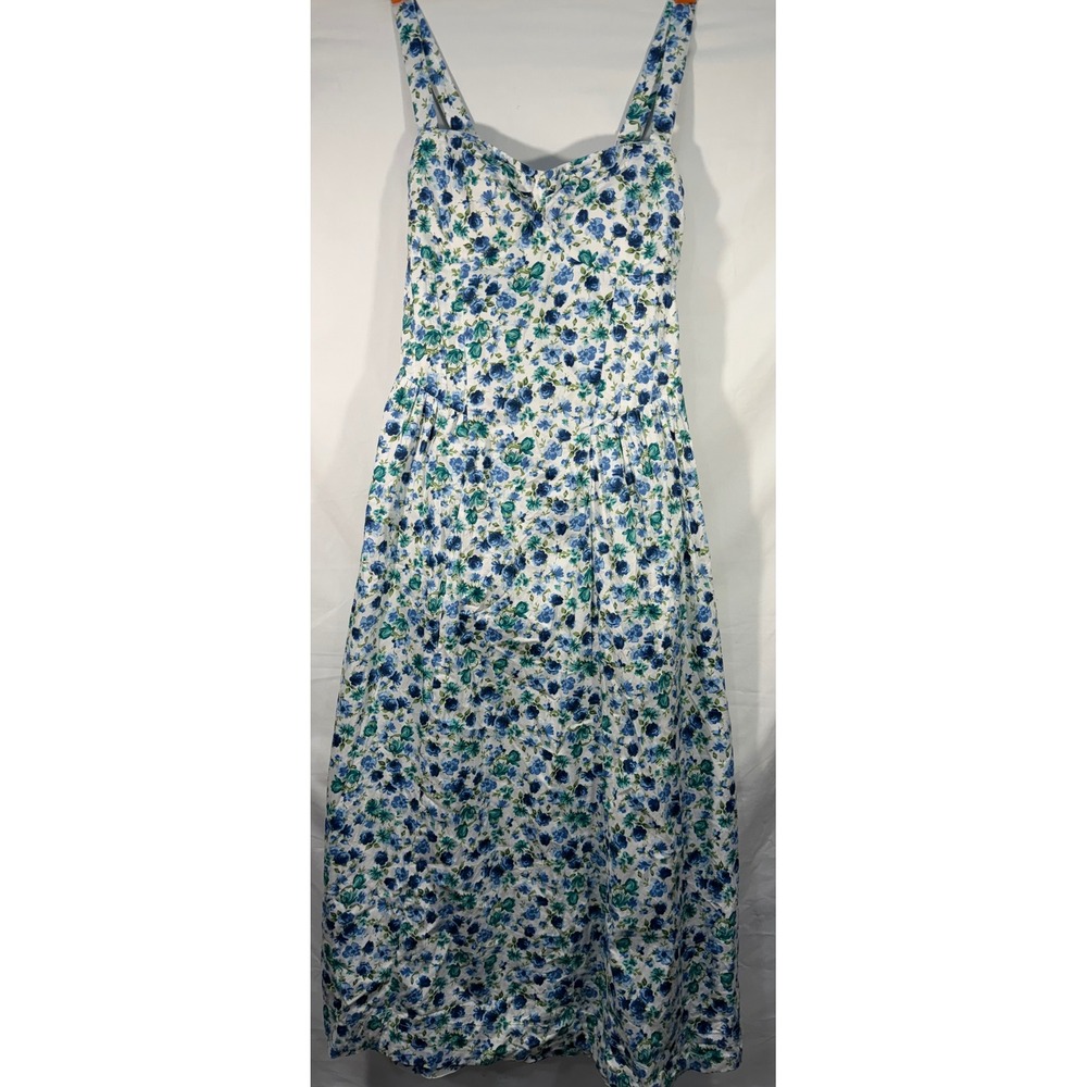 Abercrombie & Fitch Blue Green Floral Midi Dress Sweetheart Neck Smocked Back M